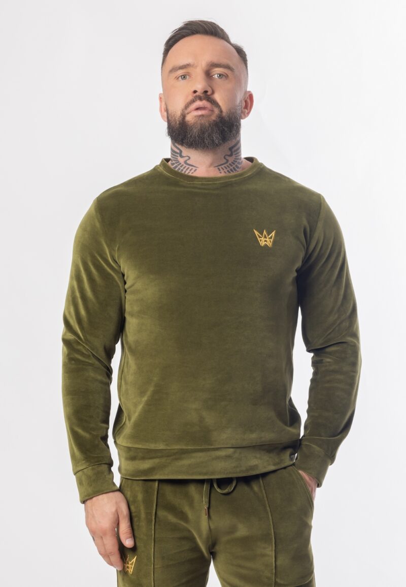 Olivgrünes Samt-Sweatshirt ohne Kapuze