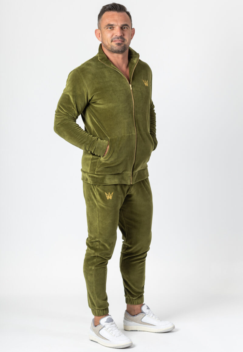 Set aus Rollkragen-Sweatshirt mit Reißverschluss und Hose aus olivgrünem Samt