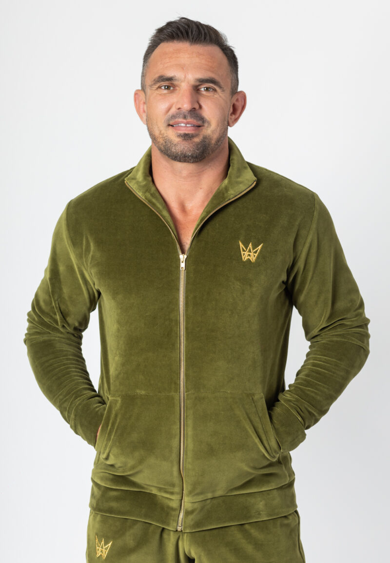 Rollkragen-Sweatshirt mit Reißverschluss aus olivgrünem Samt