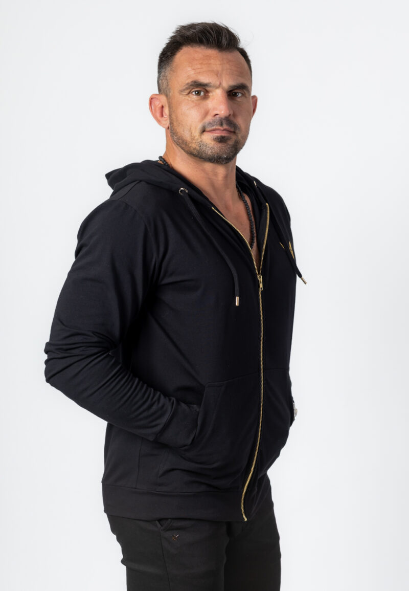 Dünner Baumwoll-Kapuzenpullover mit Reißverschluss - Schwarz/Goldene Krone und Reißverschluss